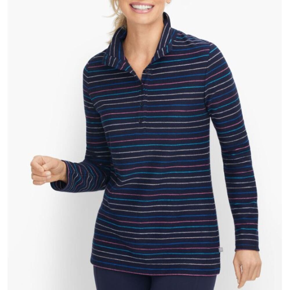 Talbots Shirt‎ XL Navy Polo Striped 1/4 Button Stretch Terry Cloth Cotton Casual